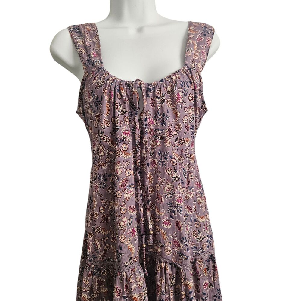 Angie Womens Floral Babydoll Mini Dress Large Purple Boho Tiered Open Back - Picture 3 of 8